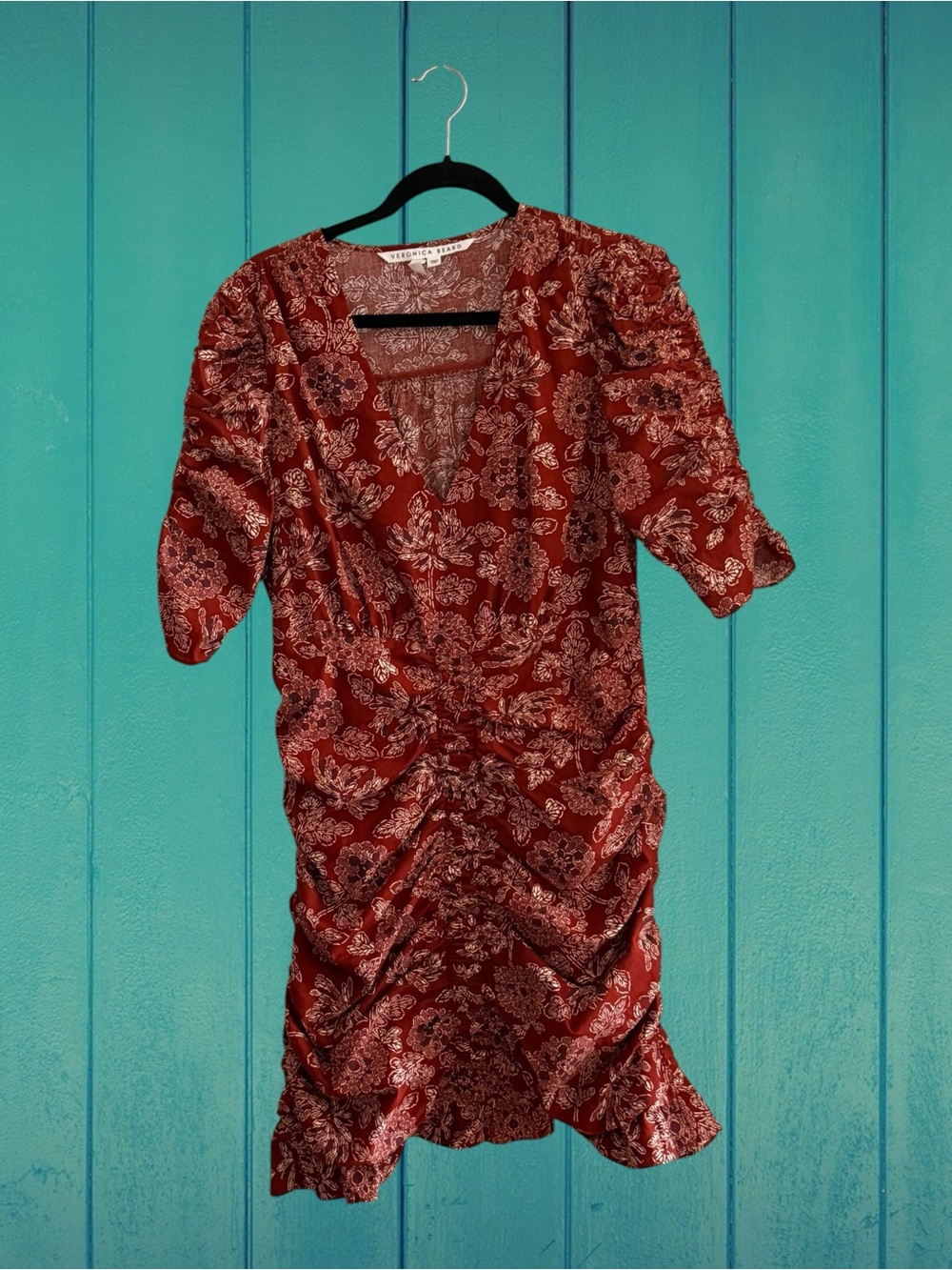 Veronica Beard Red Floral Ruched V-Neck Dress, sz 10